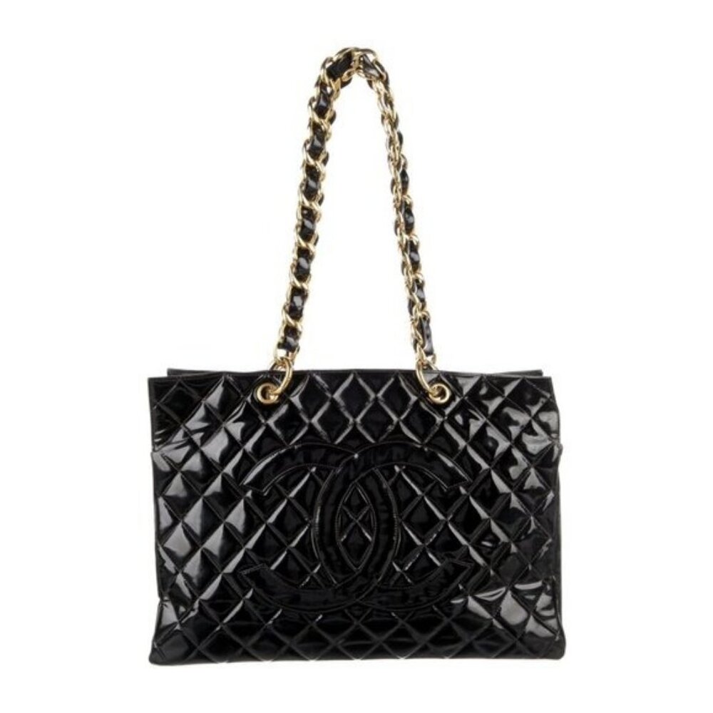 Authentic CHANEL XL Patent Shopping Tote Quilted Chain Shoulder Bag Gold Purse
